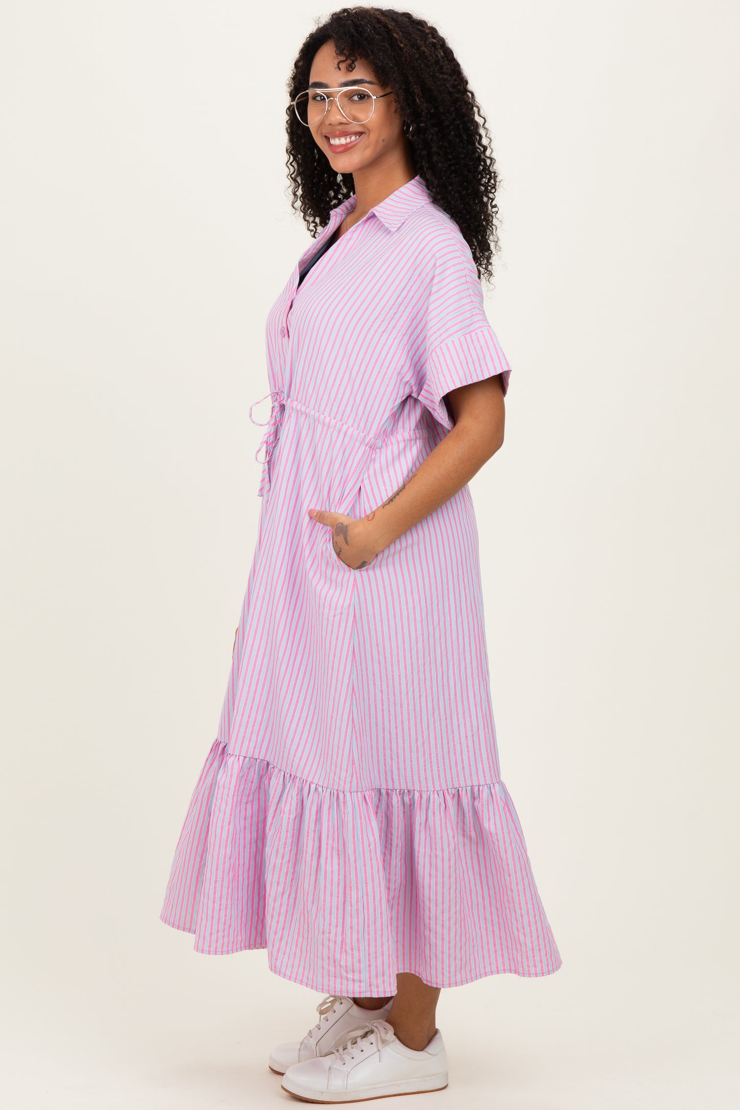 Pink Striped Button Collared Midi Dress