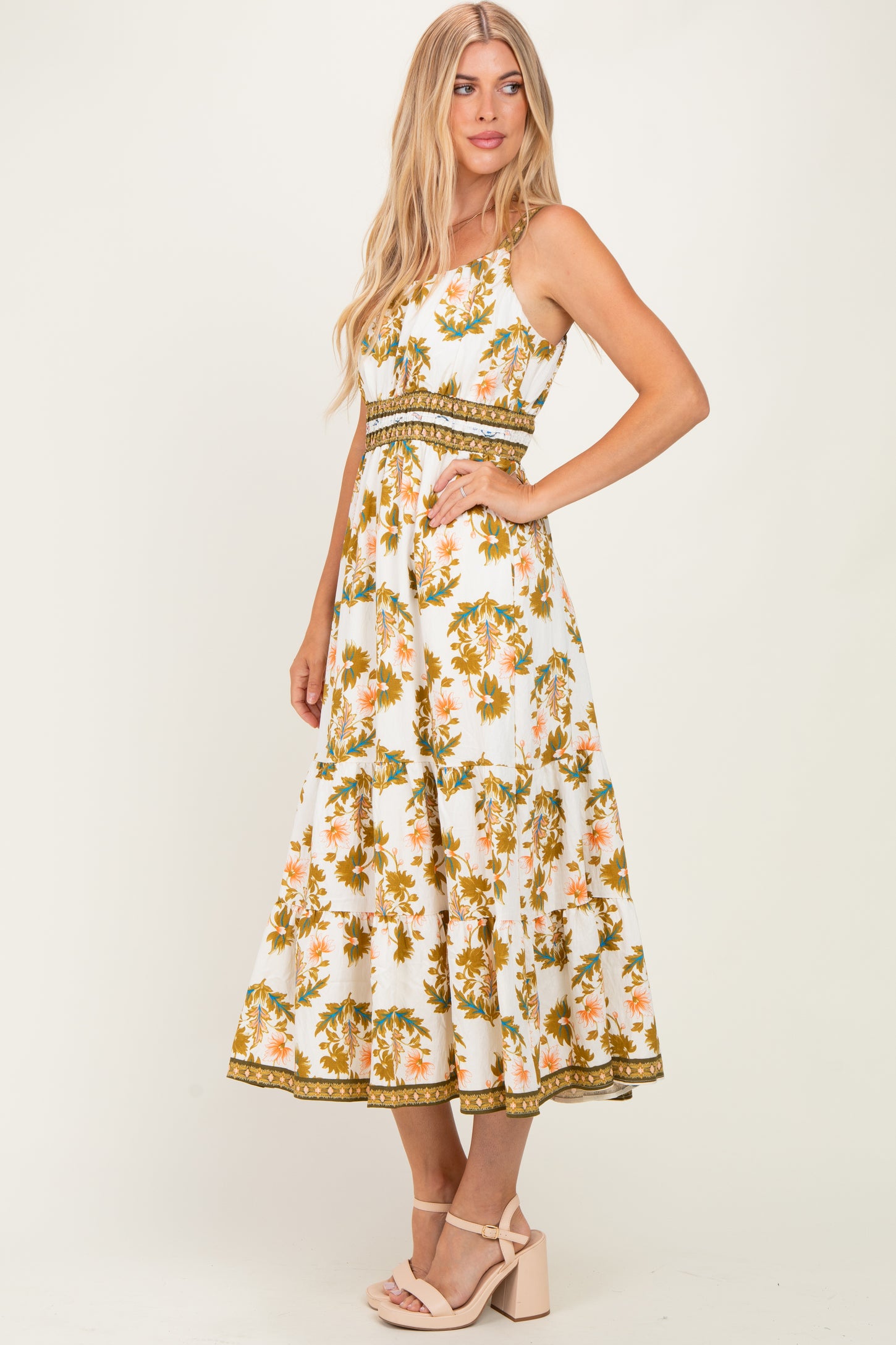 Olive Floral Sleeveless Tiered Maxi Dress