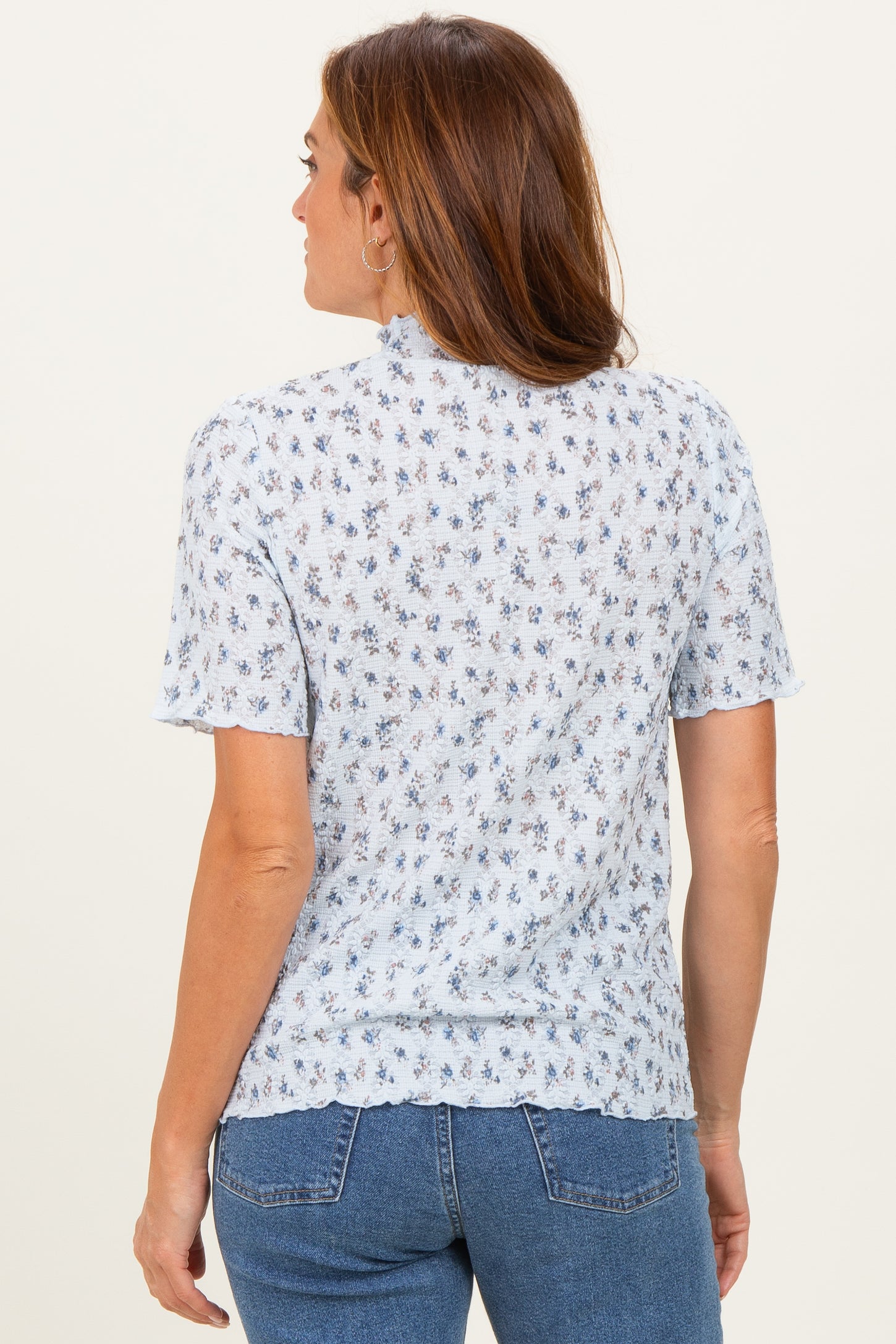 Blue Floral Ruffle Trim Short Sleeve Top