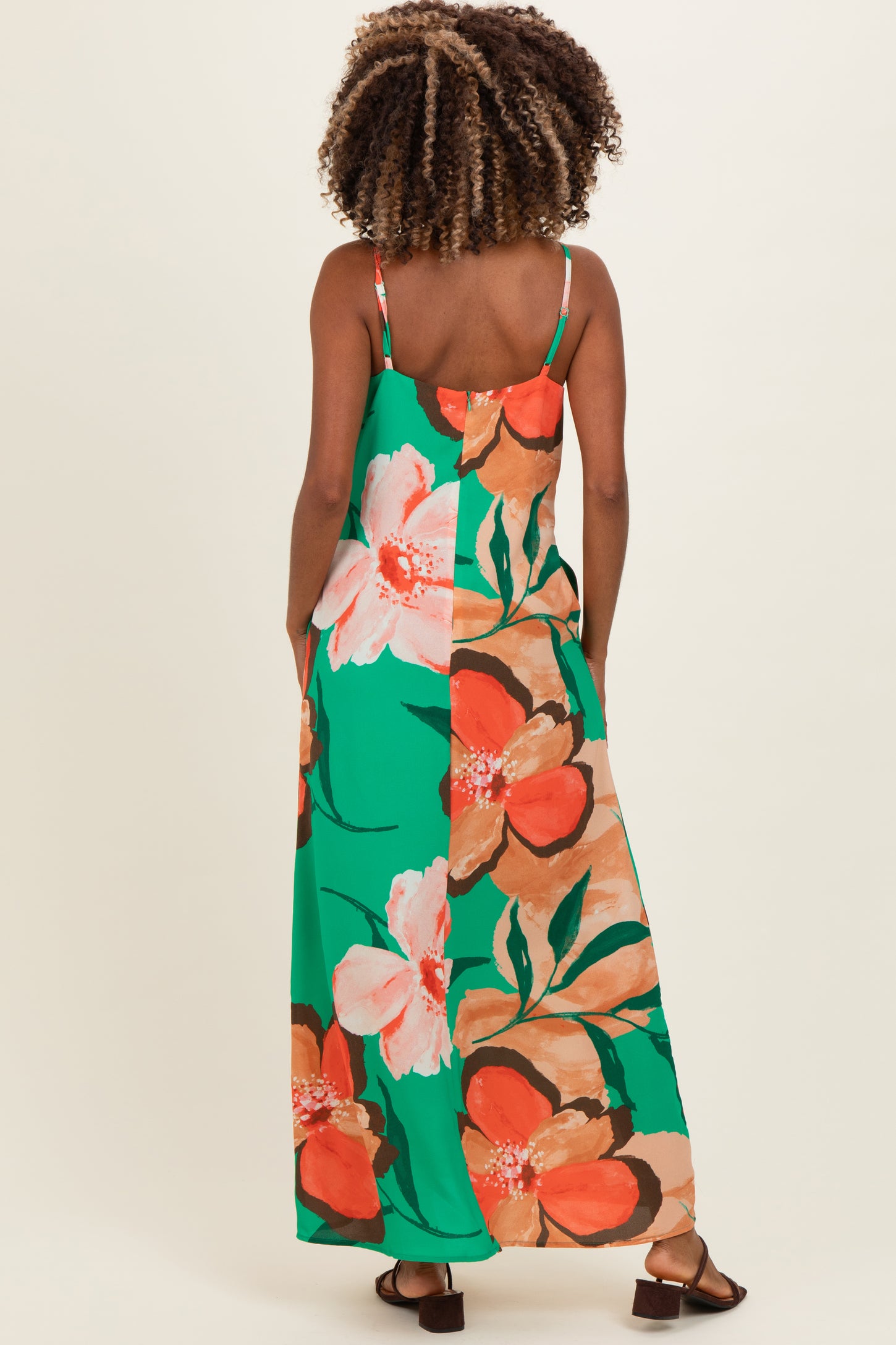 Green Floral Print Sleeveless Maternity Maxi Dress