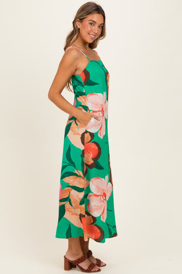 Green Floral Print Sleeveless Maxi Dress