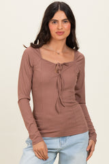 Mocha Ribbed Front Tie Henley Top