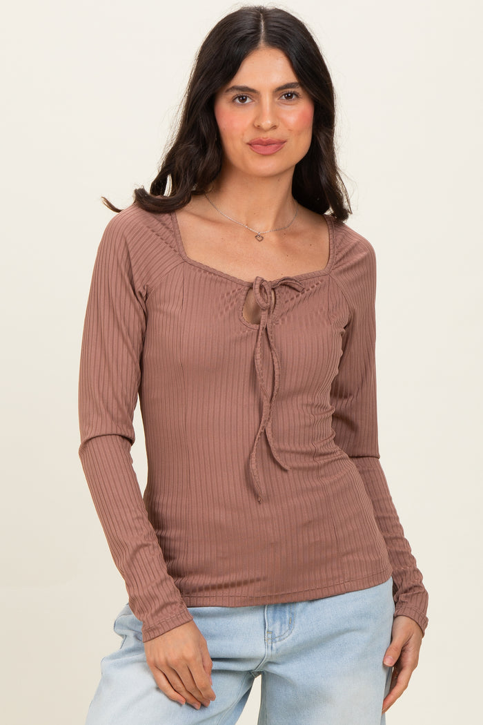 Mocha Ribbed Front Tie Maternity Henley Top