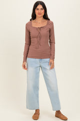 Mocha Ribbed Front Tie Henley Top