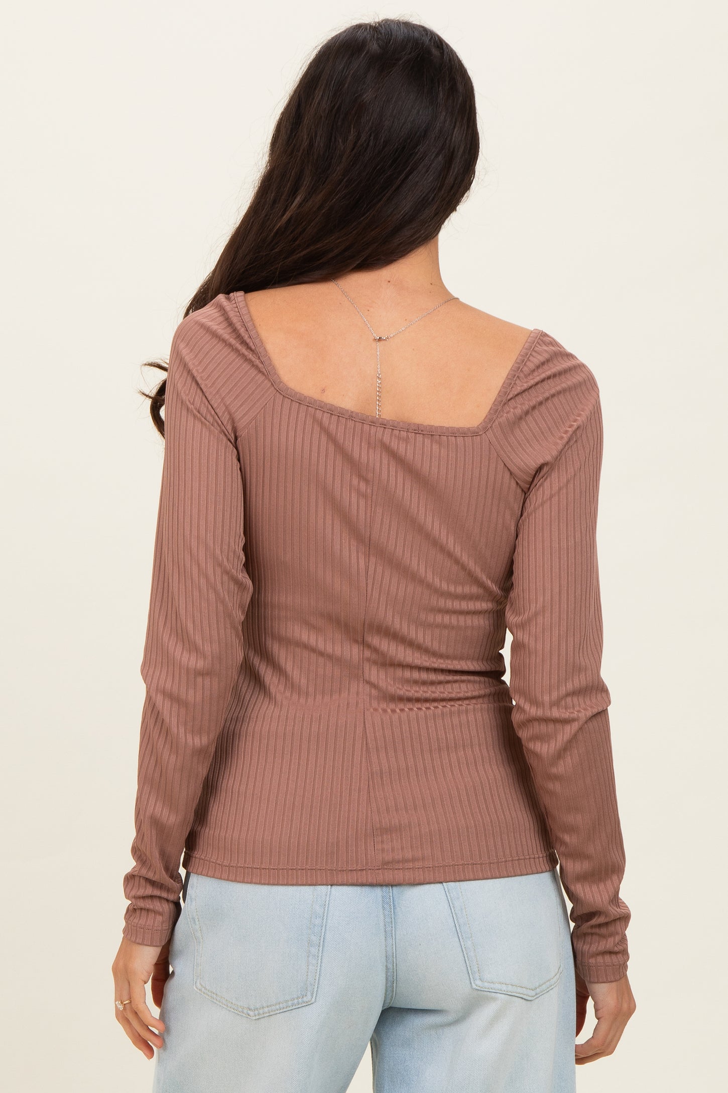 Mocha Ribbed Front Tie Henley Top
