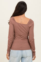 Mocha Ribbed Front Tie Henley Top