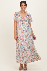 Ivory Floral Short Sleeve Maternity Maxi Dress