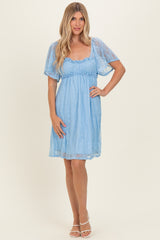 Light Blue Floral Lace Square Neck Ruffle Trim Maxi Dress