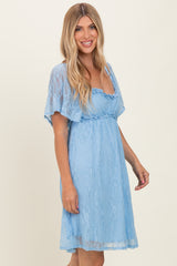 Light Blue Floral Lace Square Neck Ruffle Trim Maxi Dress