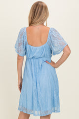 Light Blue Floral Lace Square Neck Ruffle Trim Maxi Dress