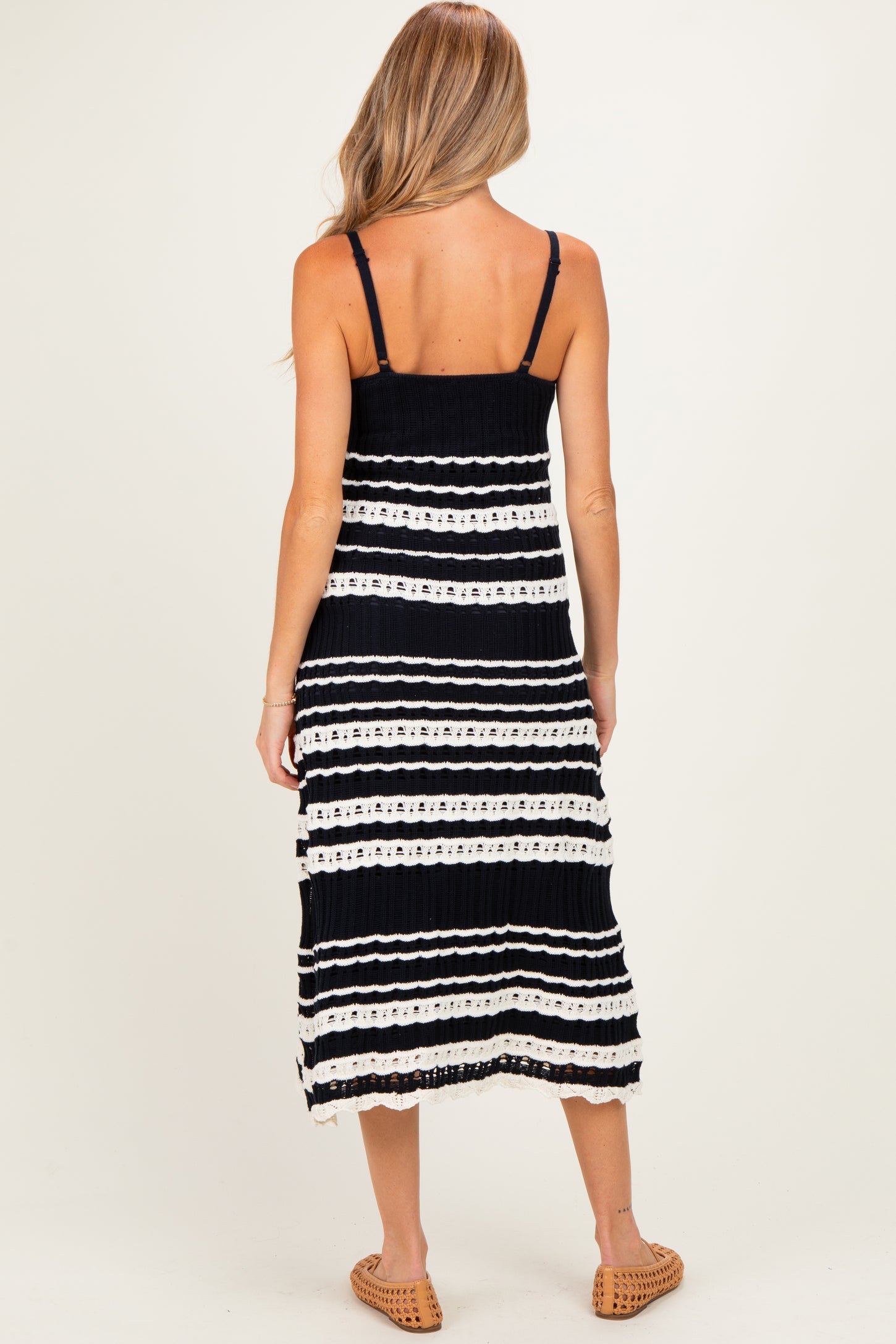 Navy Sleeveless Striped Crochet Maternity Dress