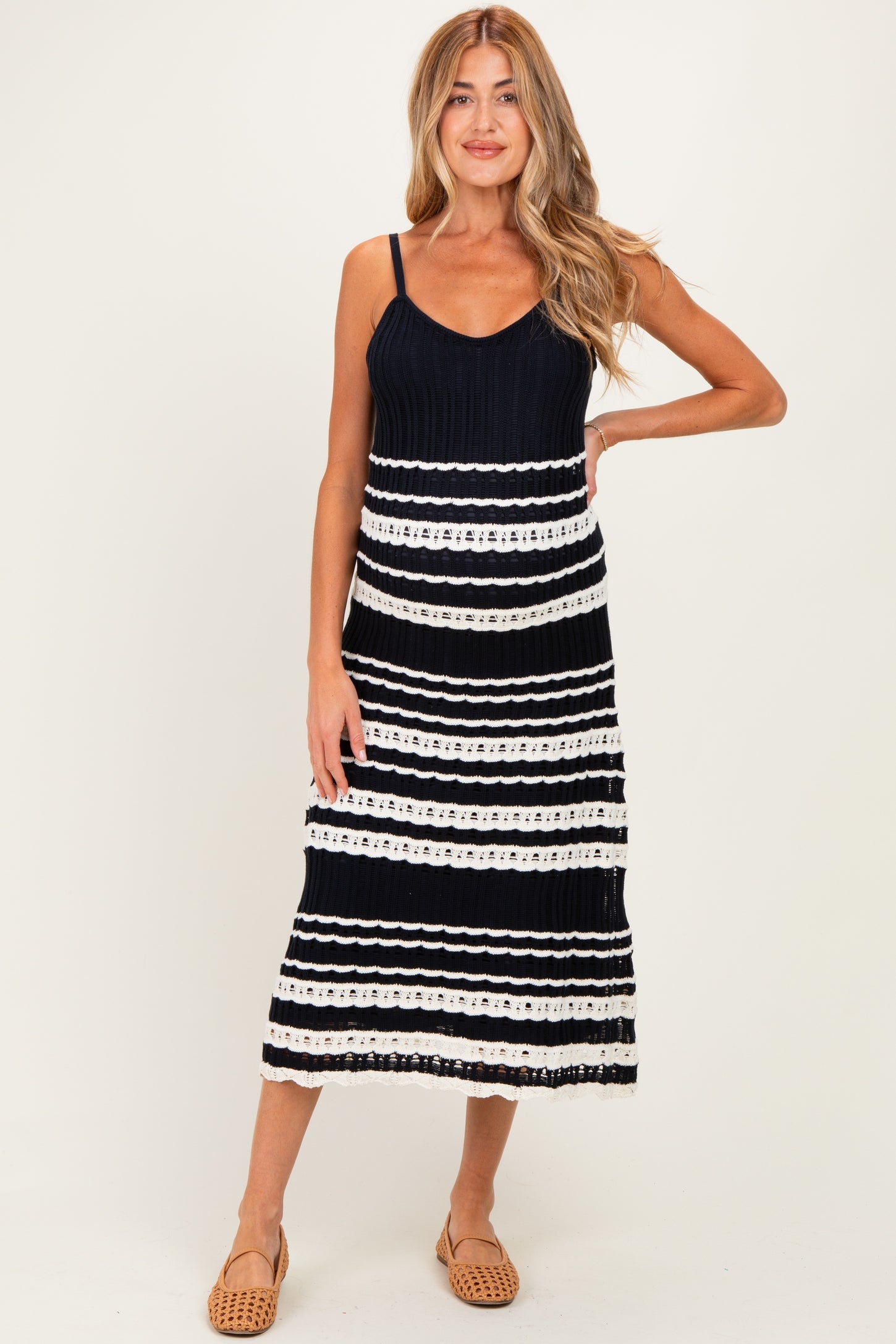 Navy Sleeveless Striped Crochet Maternity Dress