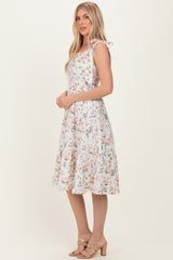 Ivory Floral Shoulder Tie Tiered Maternity Midi Dress