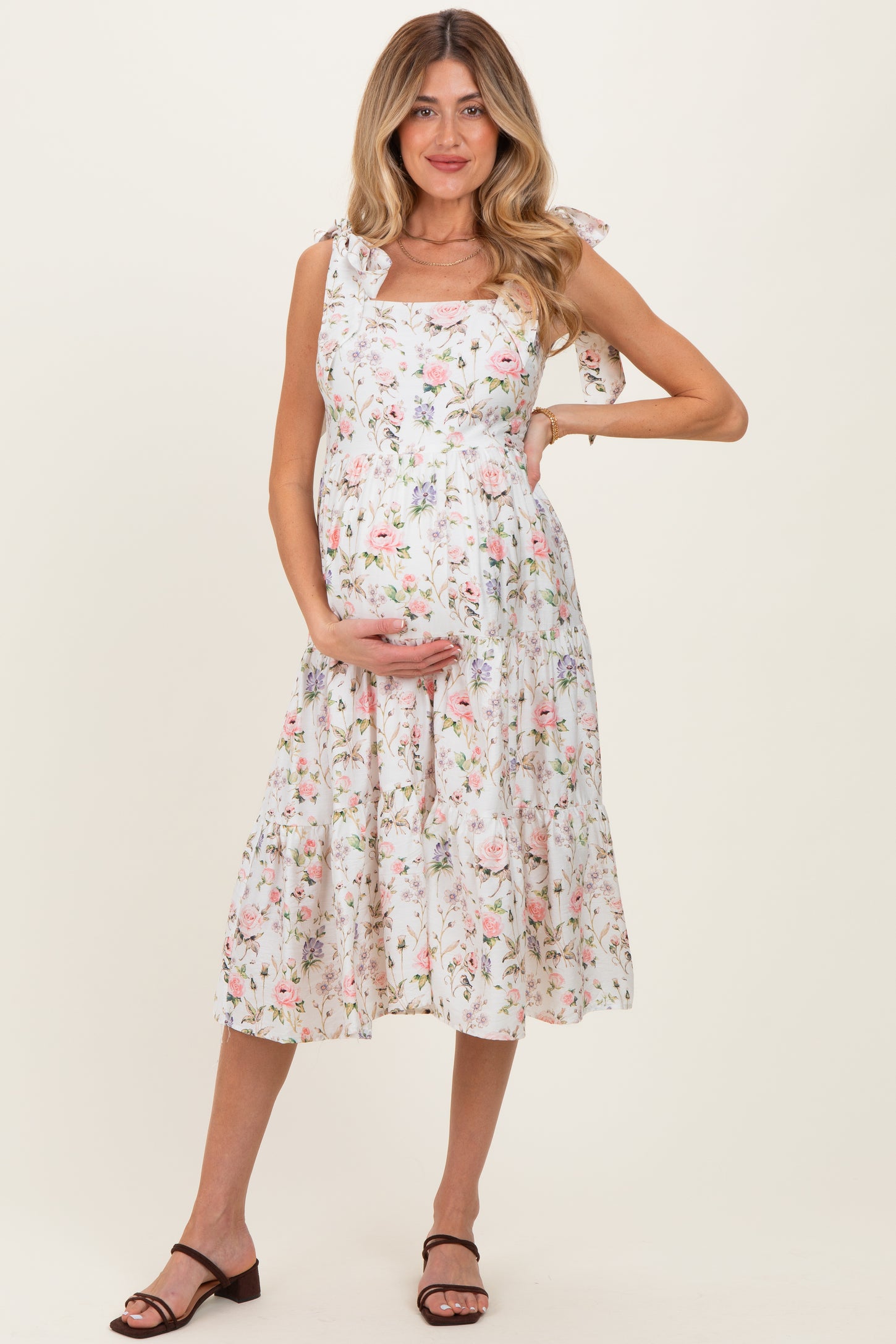Ivory Floral Shoulder Tie Tiered Maternity Midi Dress