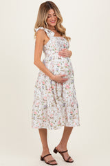 Ivory Floral Shoulder Tie Tiered Maternity Midi Dress