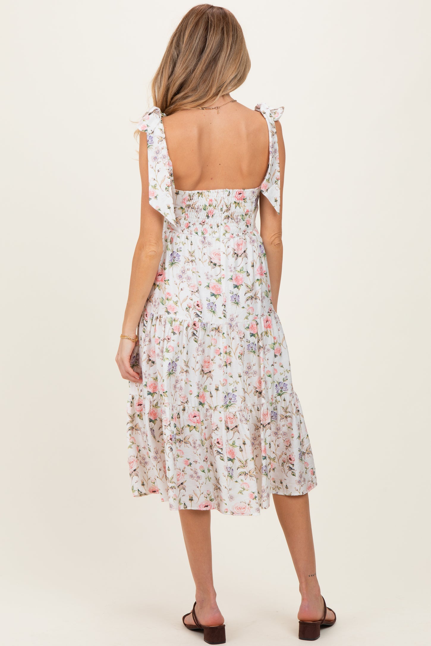 Ivory Floral Shoulder Tie Tiered Maternity Midi Dress