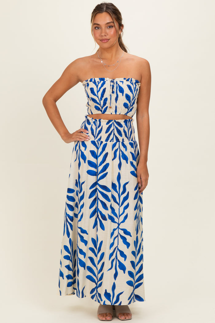 Royal Blue Leaf Print Smocked Crop Top Maxi Skirt Maternity Set