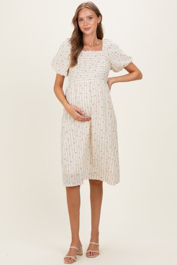 Beige Square Neck Striped Maternity Dress