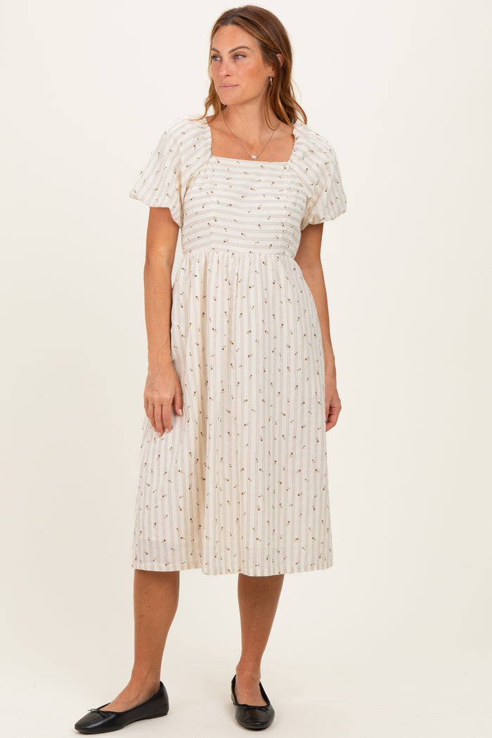 Beige Square Neck Striped Maternity Dress