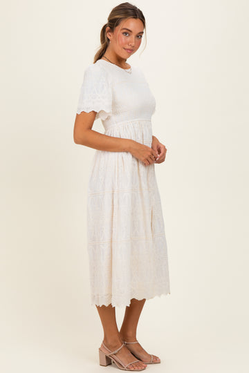 Cream Smocked Embroidered Midi Dress
