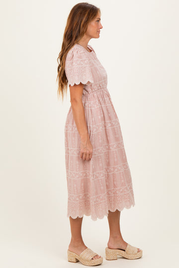 Light Pink Embroidered Floral Midi Dress