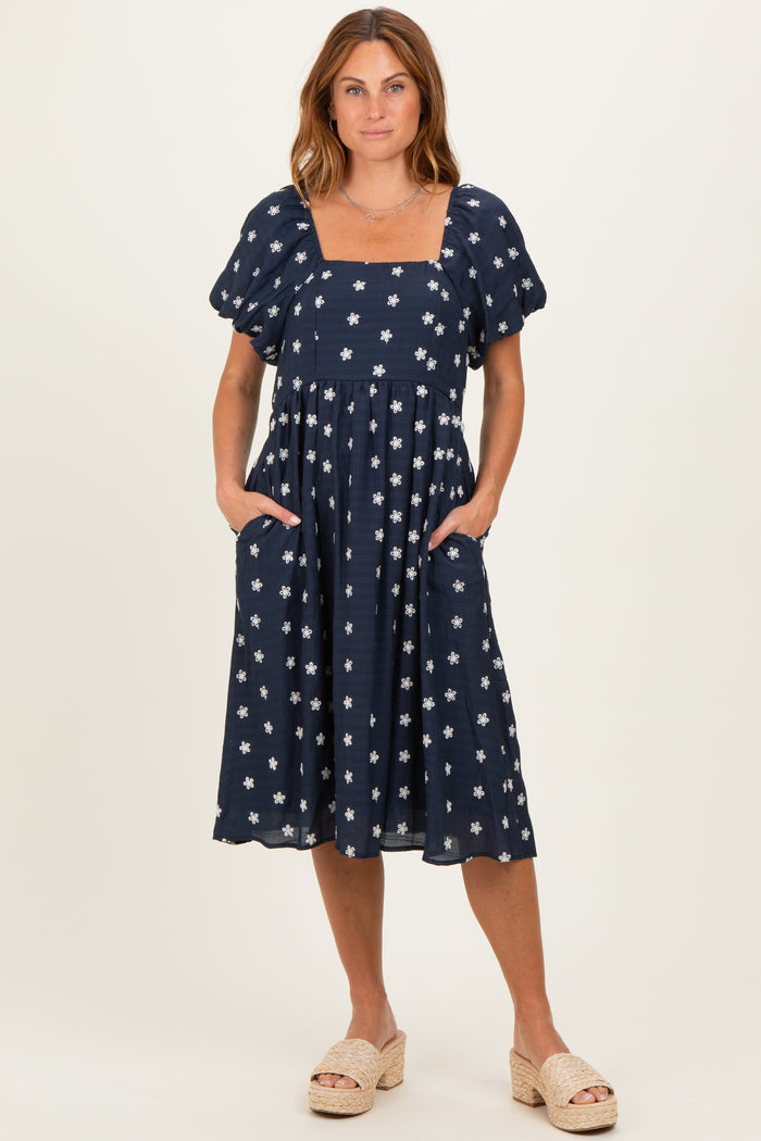 Navy Blue Floral Embroidered Short Sleeve Maternity Dress