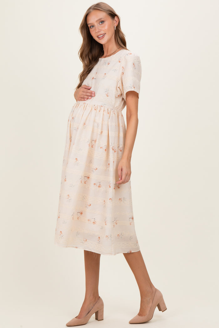 Beige Floral Embroidered Short Sleeve Maternity Midi Dress