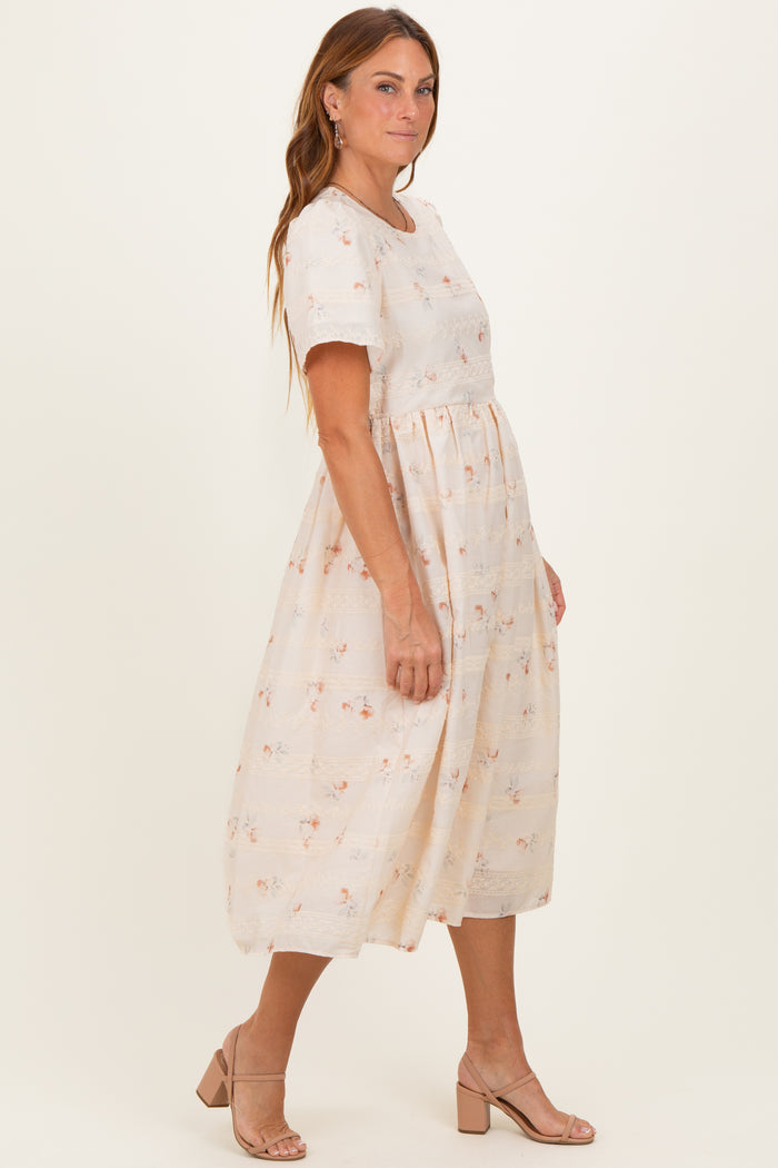 Beige Floral Embroidered Short Sleeve Maternity Midi Dress