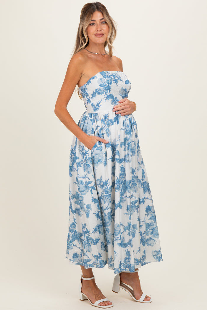 Blue Floral Strapless Maternity Midi Dress