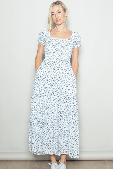 White Floral Smocked Puff Sleeve Maxi Dress