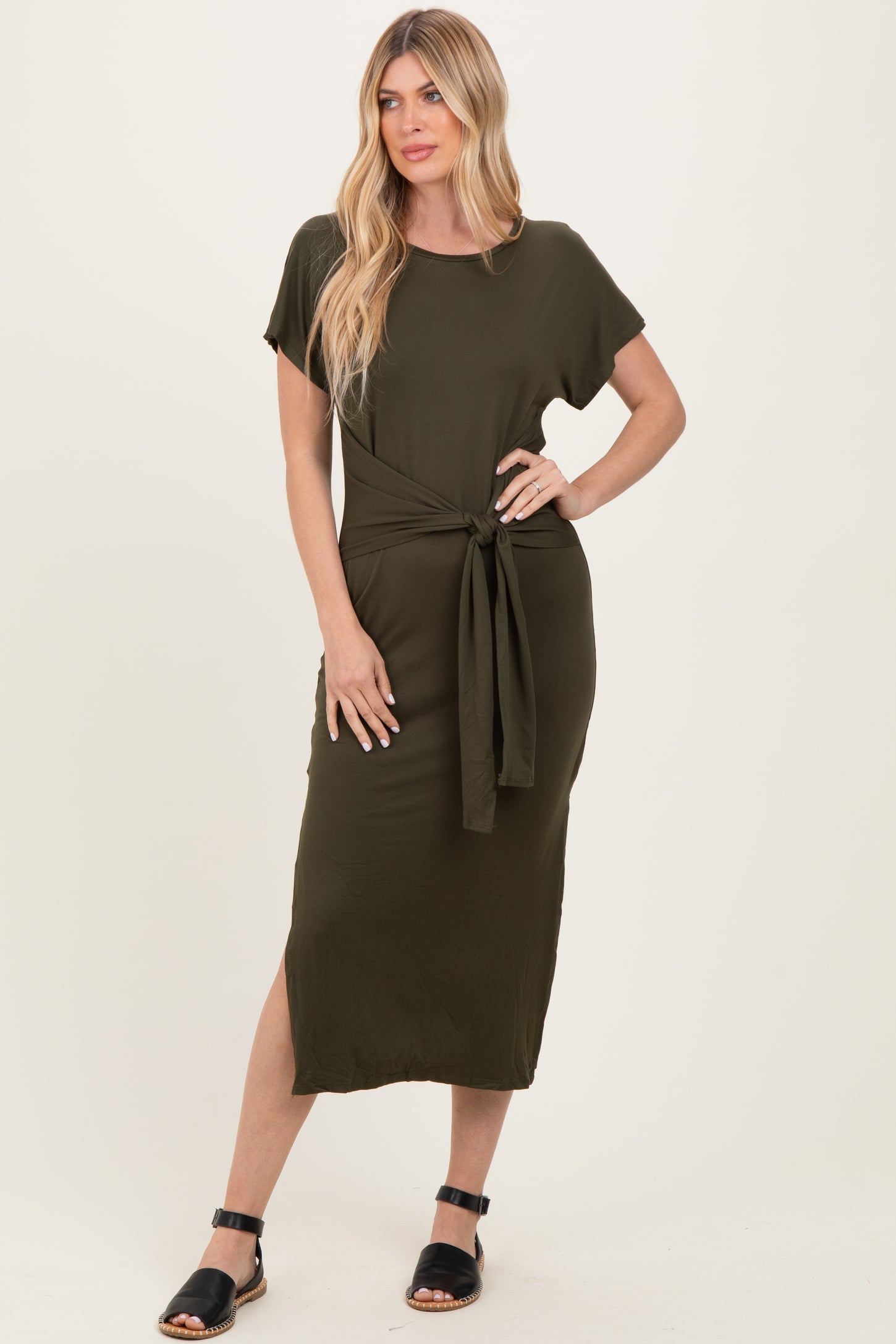 Olive Waist Tie Short Sleeve Side Slit Dress