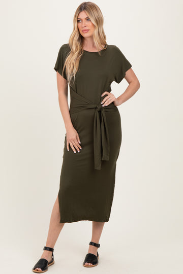 Olive Waist Tie Short Sleeve Side Slit Dress