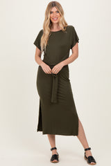 Olive Waist Tie Short Sleeve Side Slit Dress
