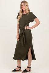 Olive Waist Tie Short Sleeve Side Slit Dress