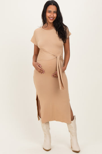 Camel Waist Tie Short Sleeve Side Slit Maternity Dress