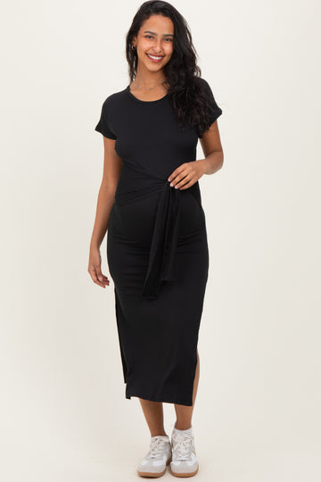 Black Waist Tie Short Sleeve Side Slit Maternity Dress