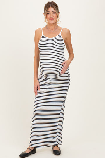 White Ribbed Knit Striped Sleeveless Maternity Maxi Dress