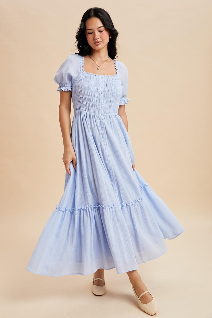 Light Blue Smocked Button Down Maxi Dress