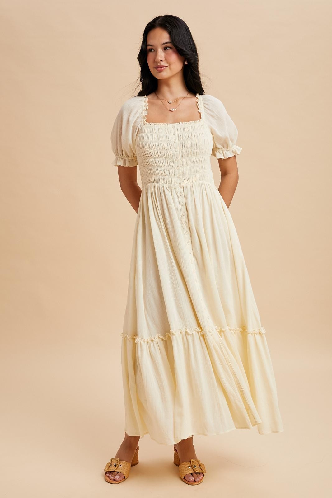 Light Yellow Smocked Button Down Maxi Dress