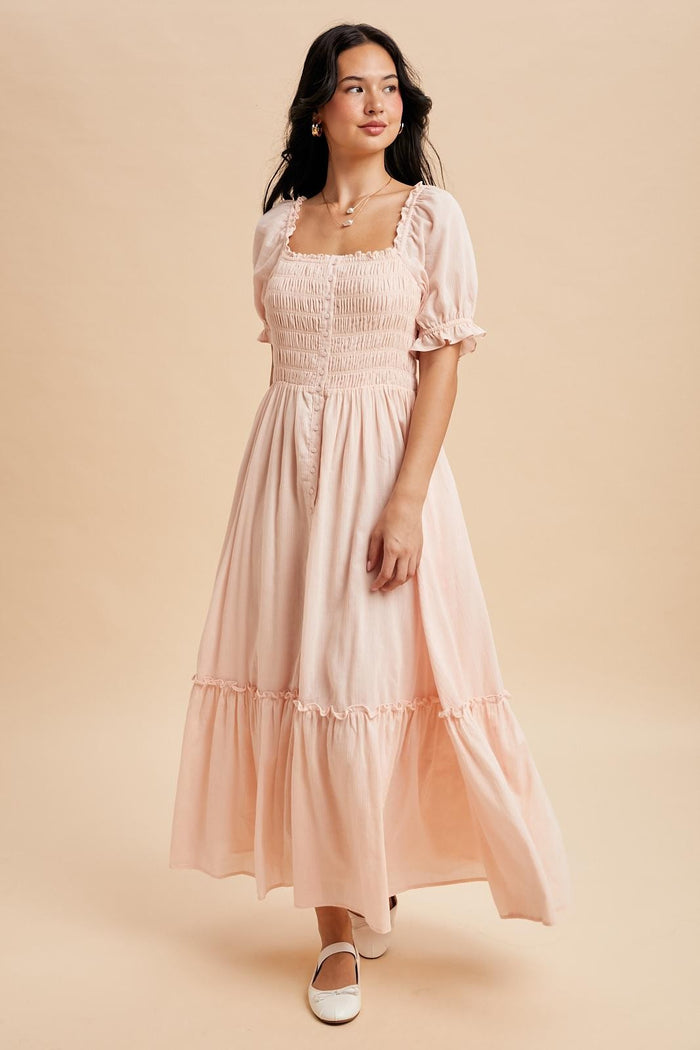 Light Pink Smocked Button Down Maternity Maxi Dress