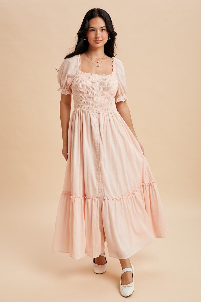 Light Pink Smocked Button Down Maxi Dress