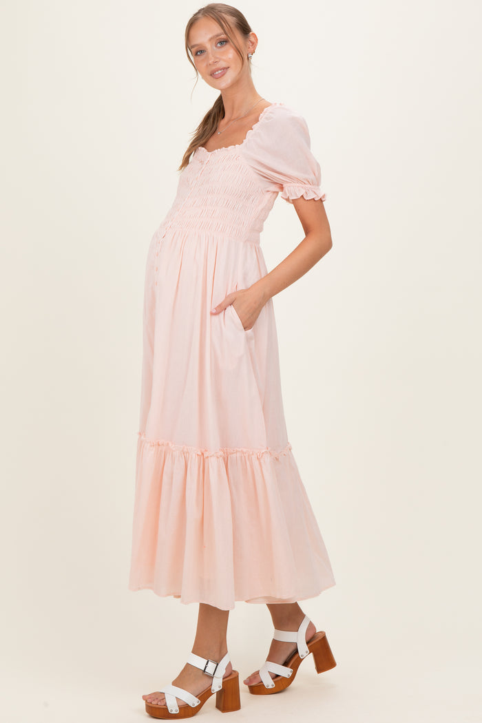 Light Pink Smocked Button Down Maternity Maxi Dress