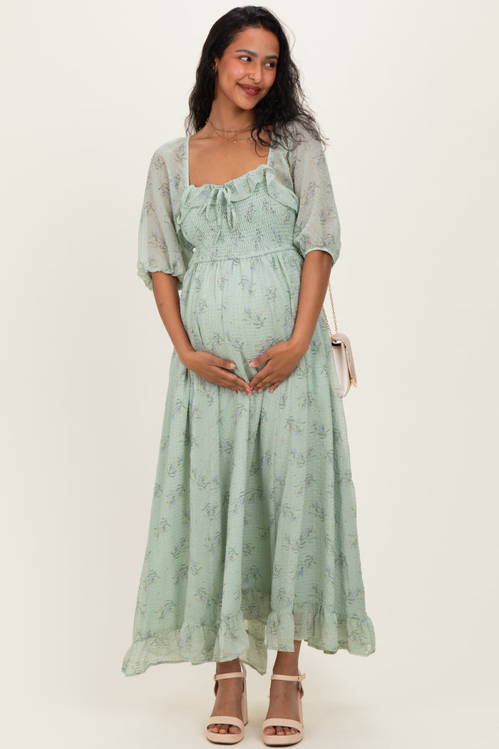 Sage Floral Chiffon Smocked Ruffle Maternity Maxi Dress