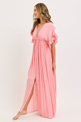 Pink Button Down Deep V-Neck Maxi Dress