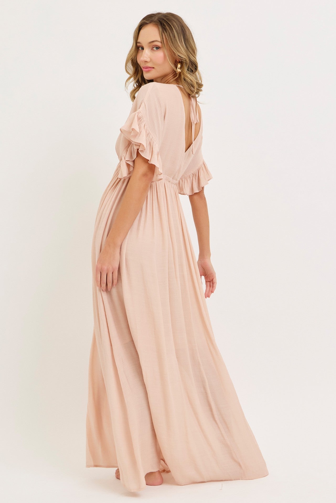 Light Pink Button Down Deep V-Neck Maxi Dress