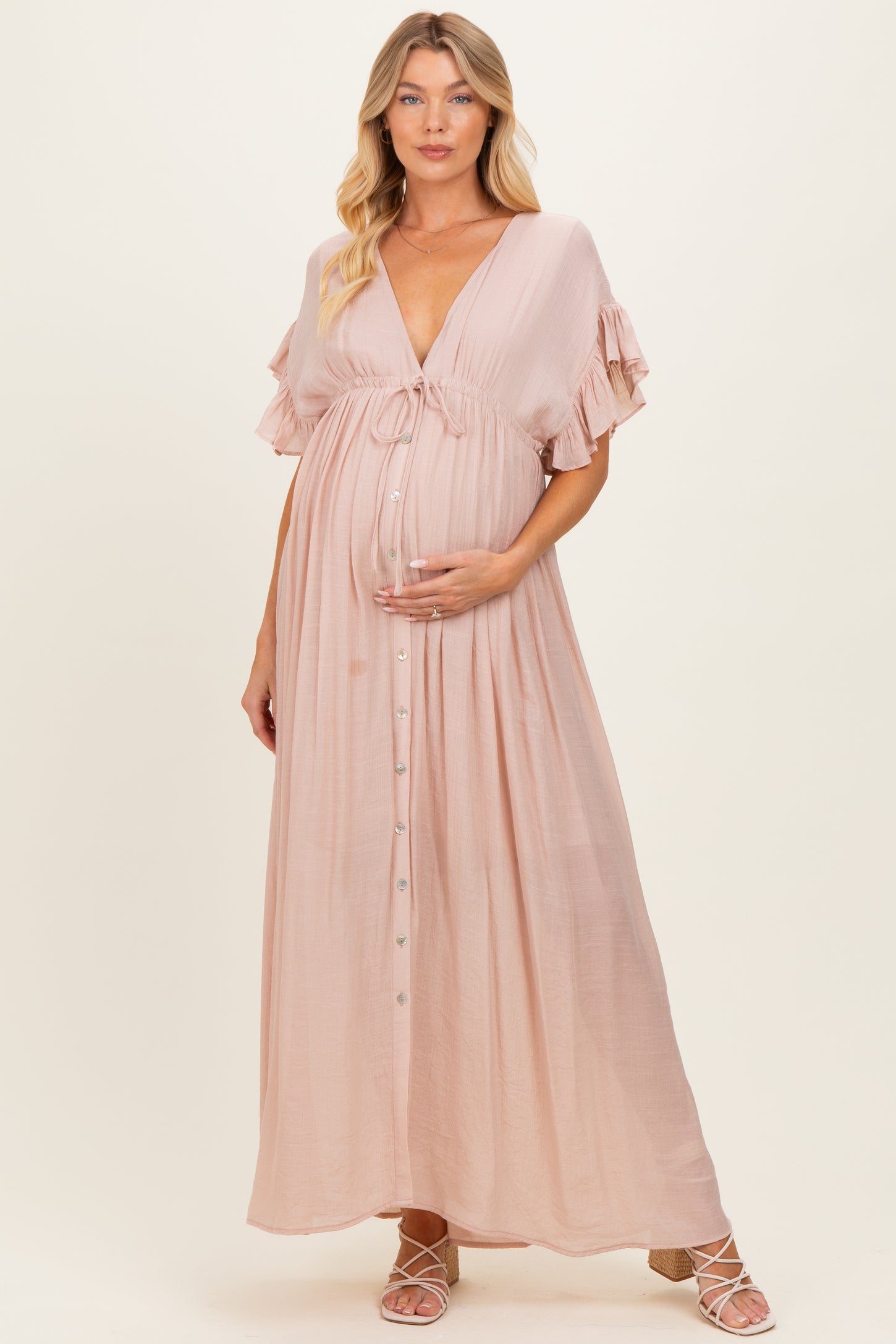 Light Pink Button Down Deep V-Neck Maternity Maxi Dress