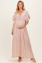 Light Pink Button Down Deep V-Neck Maternity Maxi Dress
