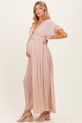 Light Pink Button Down Deep V-Neck Maternity Maxi Dress