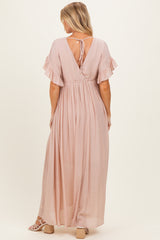 Light Pink Button Down Deep V-Neck Maternity Maxi Dress
