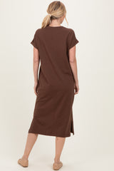 Brown Pocket Front Midi T-Shirt Dress